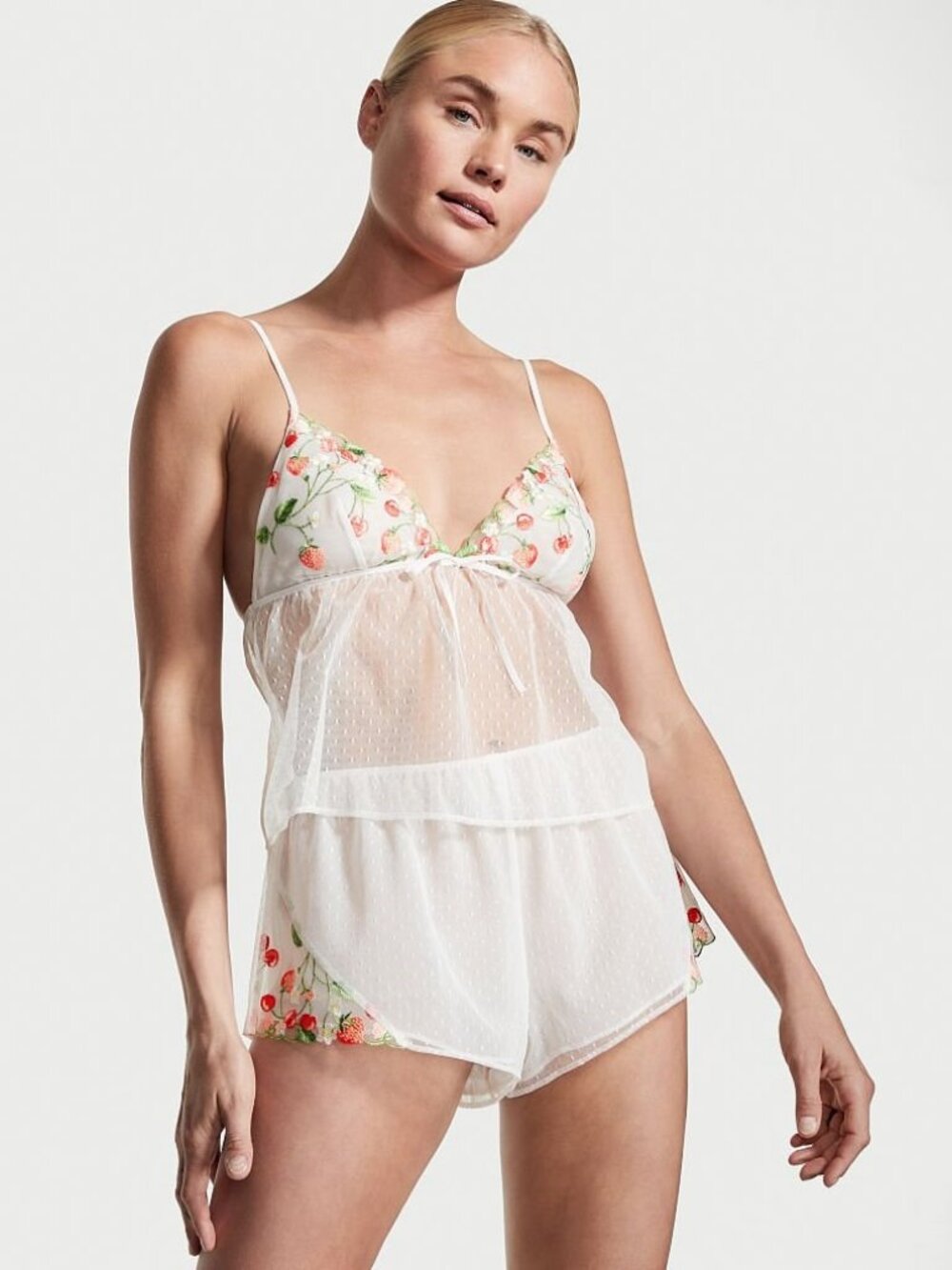 Victoria's Secret White Strawberry Dotted Swiss Lace Cami & Short PJ Set, Size S